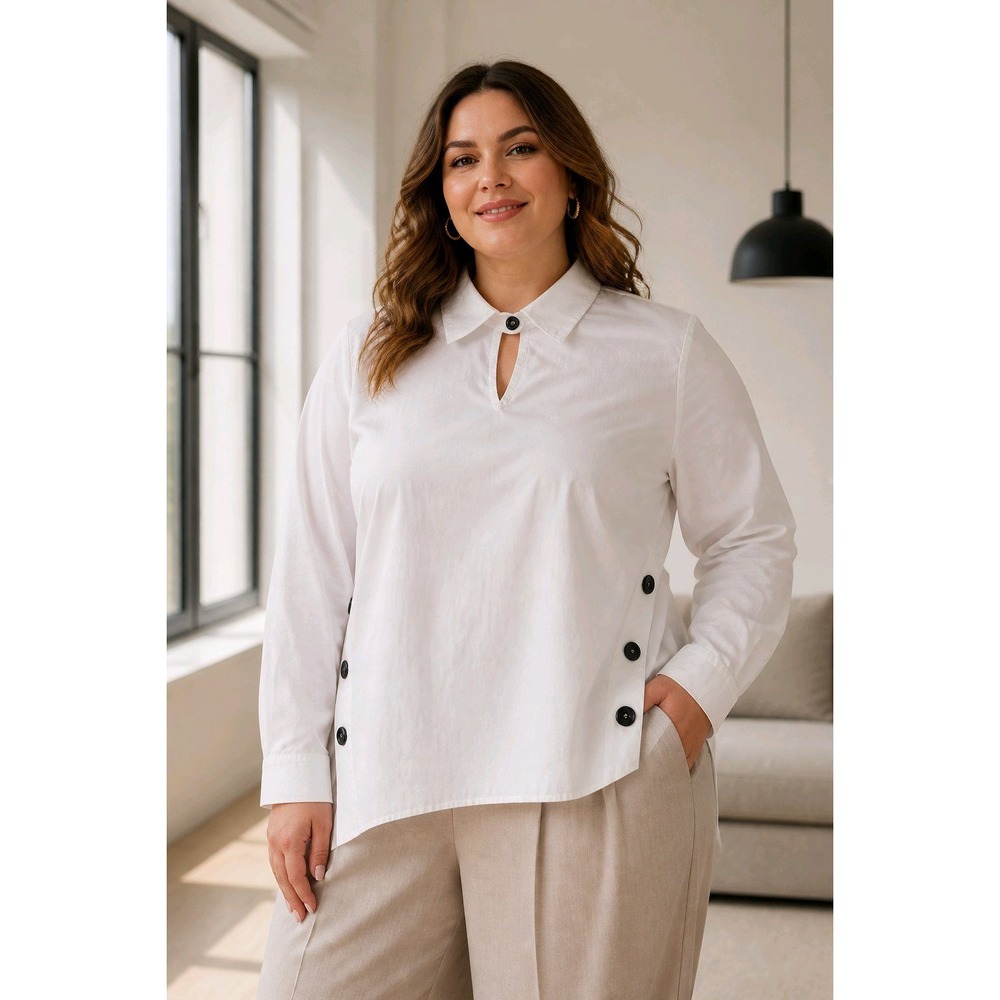 UOOZEE White 100% Cotton Long Sleeve Button Side Asymmetrical Blouse Top XL NEW